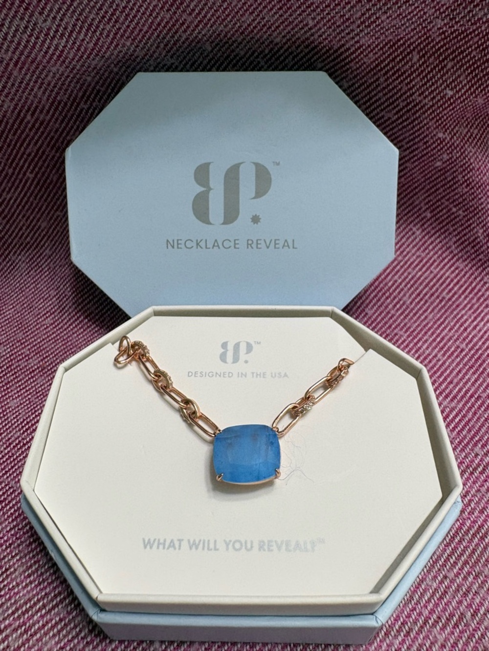 Gold Link Necklace with Blue Cushion Pendant